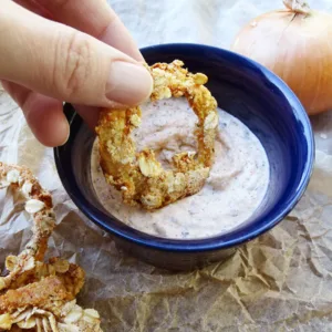 Gluten and Oil Free Baked Onion Rings with Dip