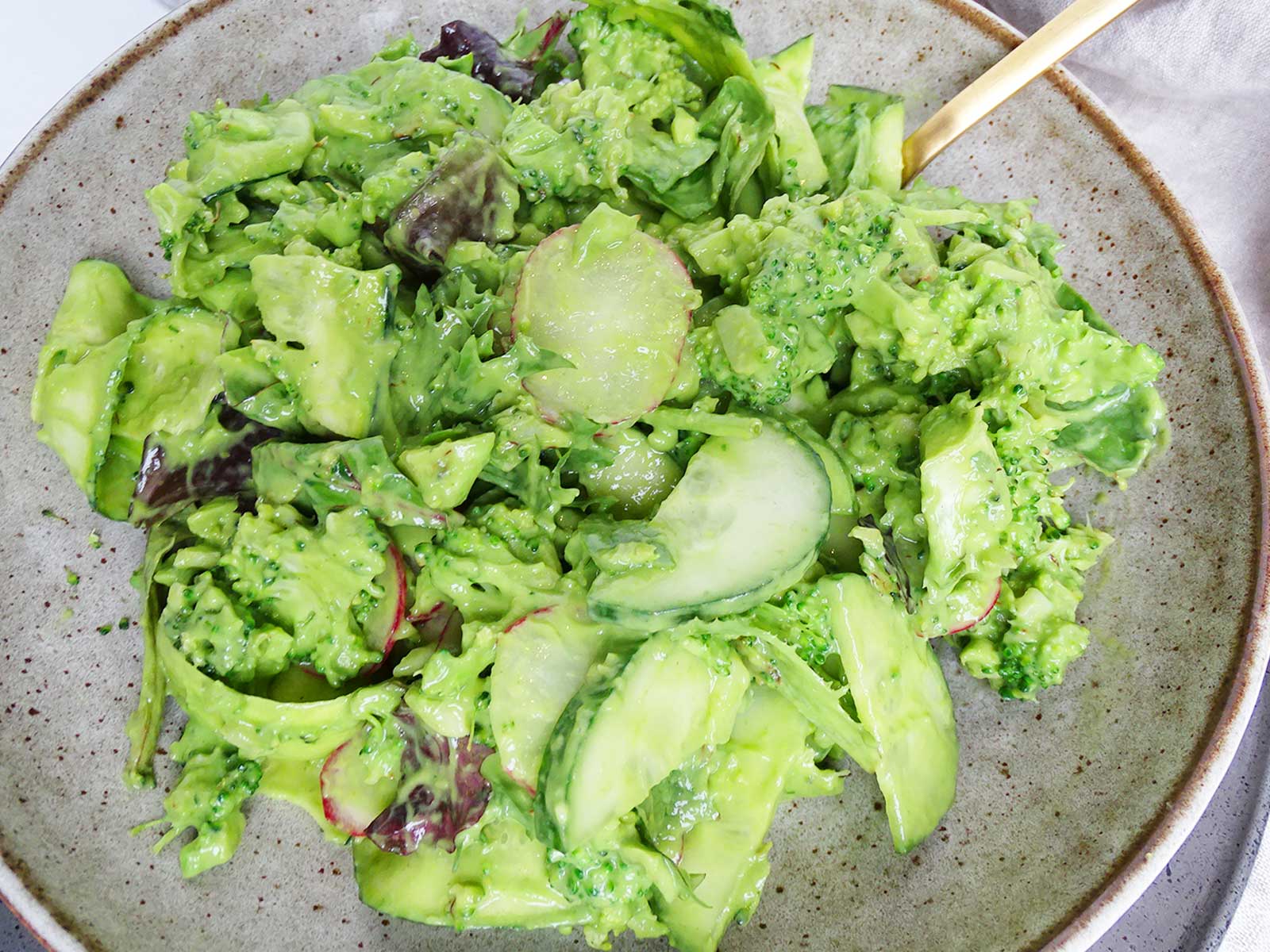 Broccoli Crunch Salad with Green Avocado Dressing