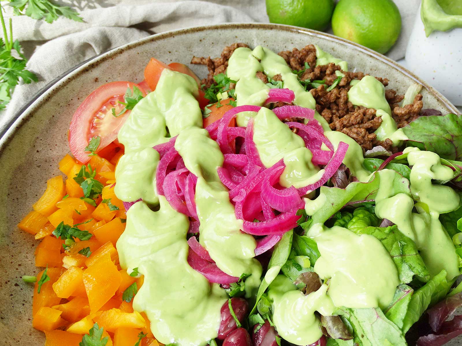 Healthy Taco Salad Recipe with Avocado Lime Dressing