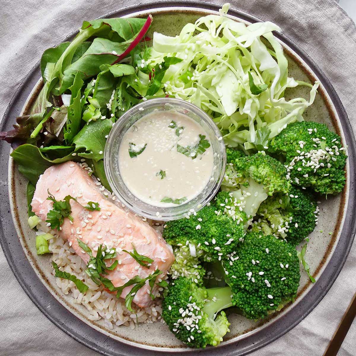 Asian Inspired Salmon Buddha Bowl with Tahini Dressing