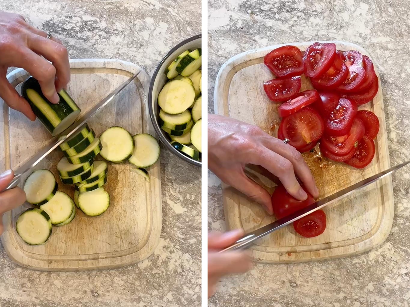 Chopping courgette and tomato into thin slices