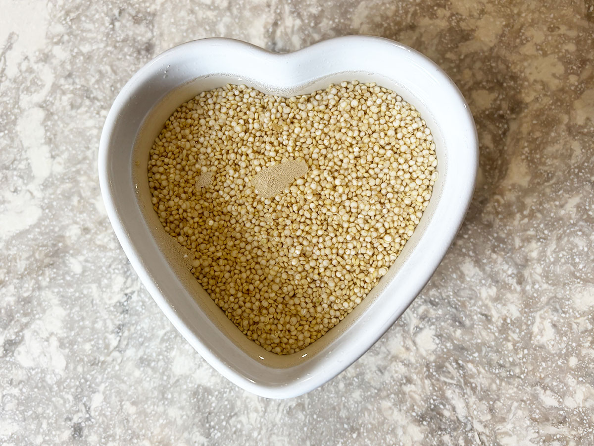 Quinoa soaking in a ramekin