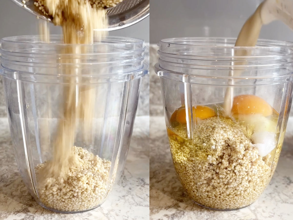 Adding quinoa crepe ingredients to a blender