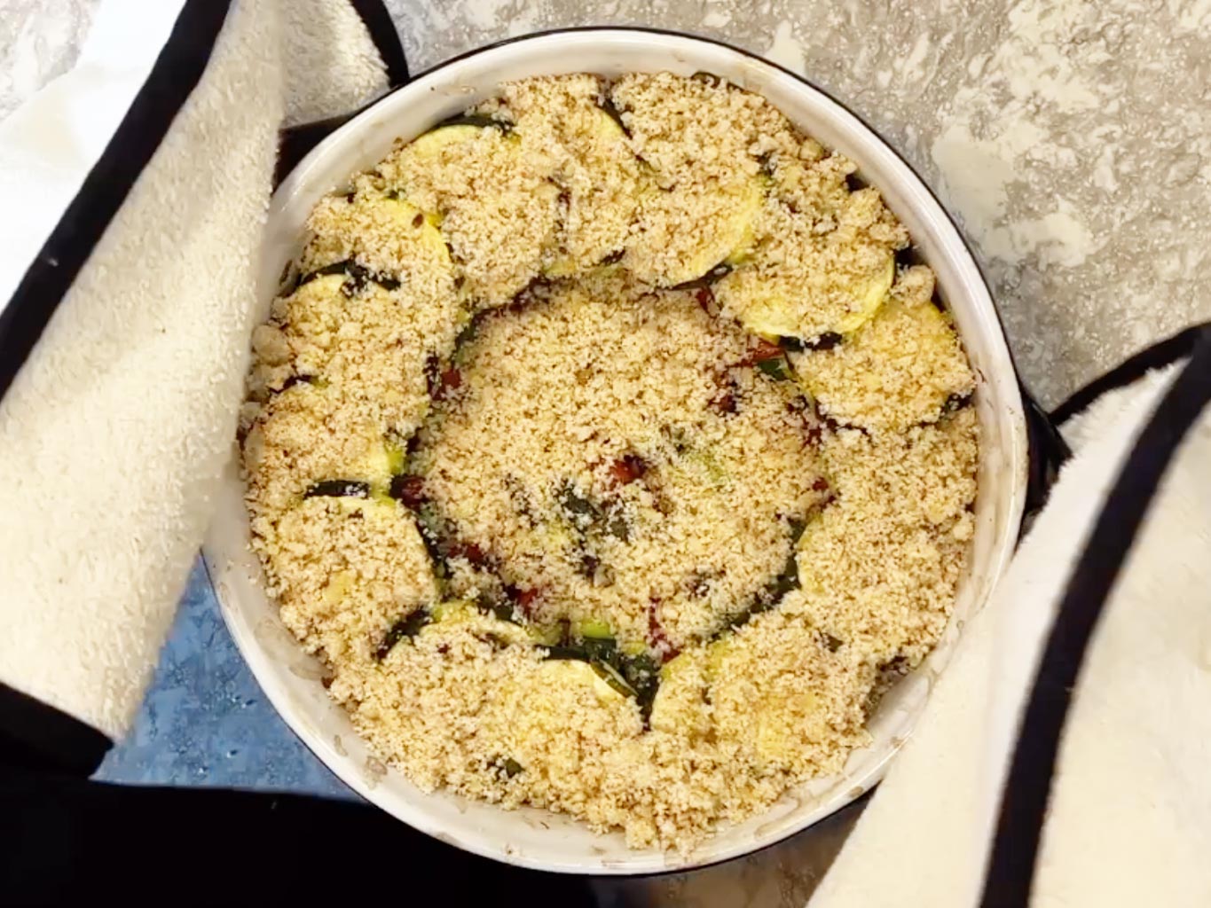 Tomato Courgette Gratin with a crumb topping