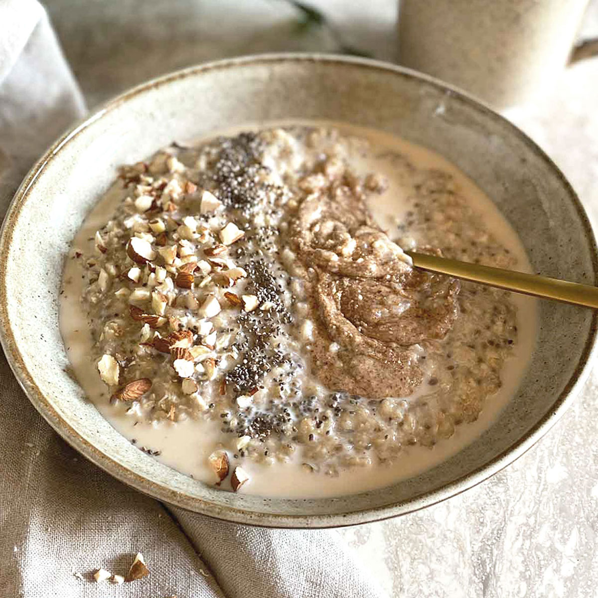 Close up of a bowl of coconut milk oatmeal