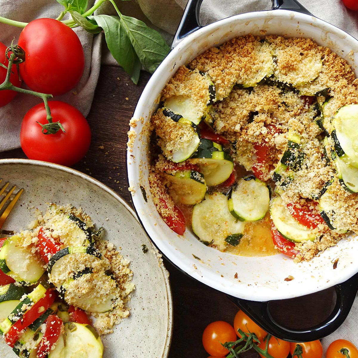 Gluten Free Tomato and Zucchini Au Gratin in a serving dish