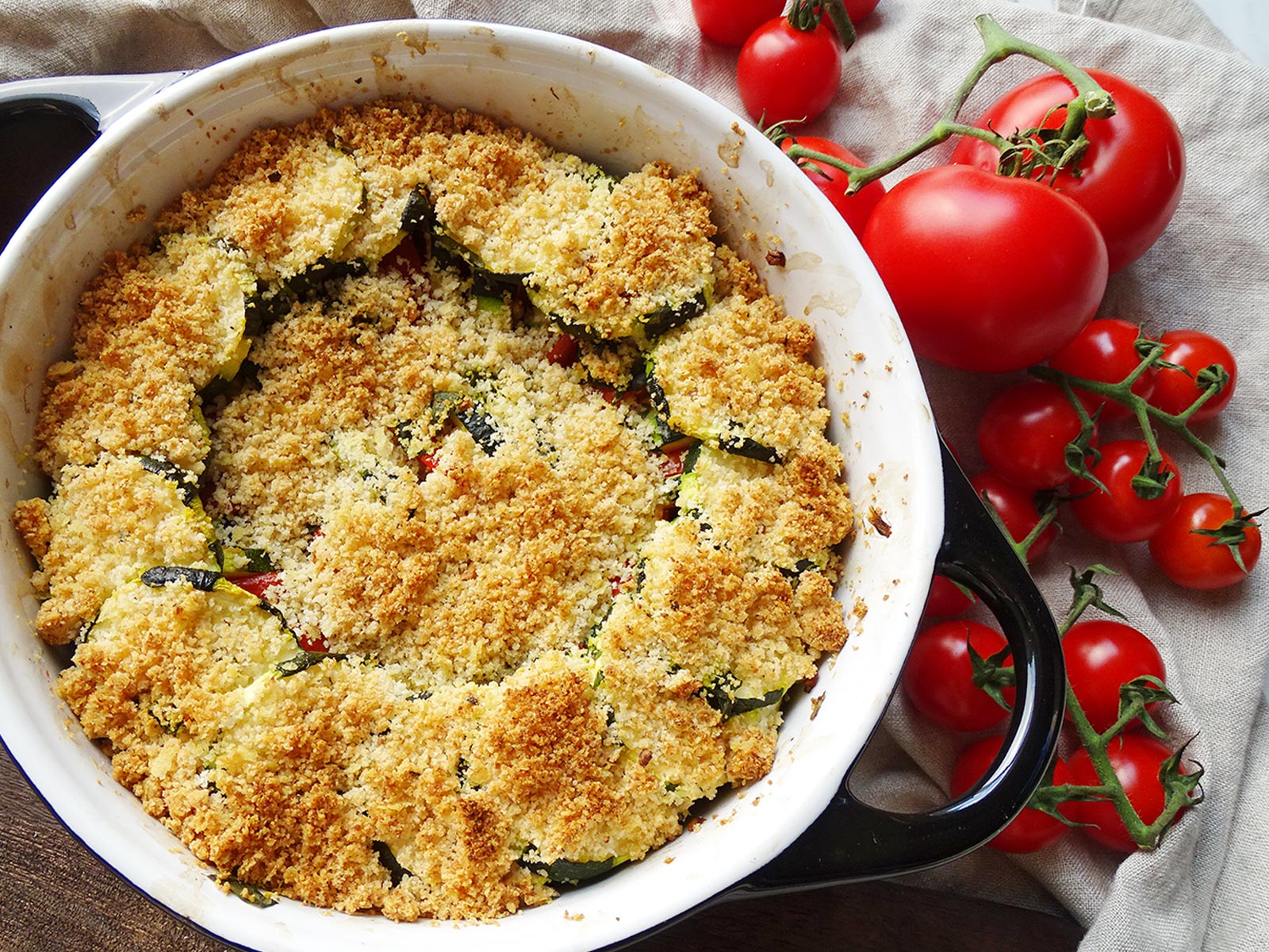 Tomato and Zucchini Au Gratin in a baking dish