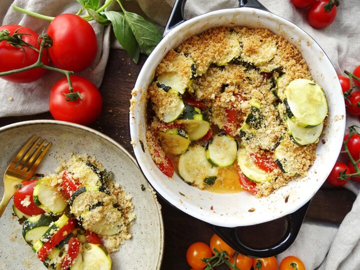 Serving dish and plate of Tomato and Zucchini Au Gratin
