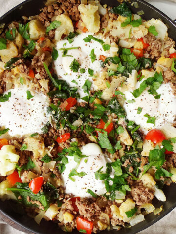 Top view high protein breakfast scramble with ground beef and eggs