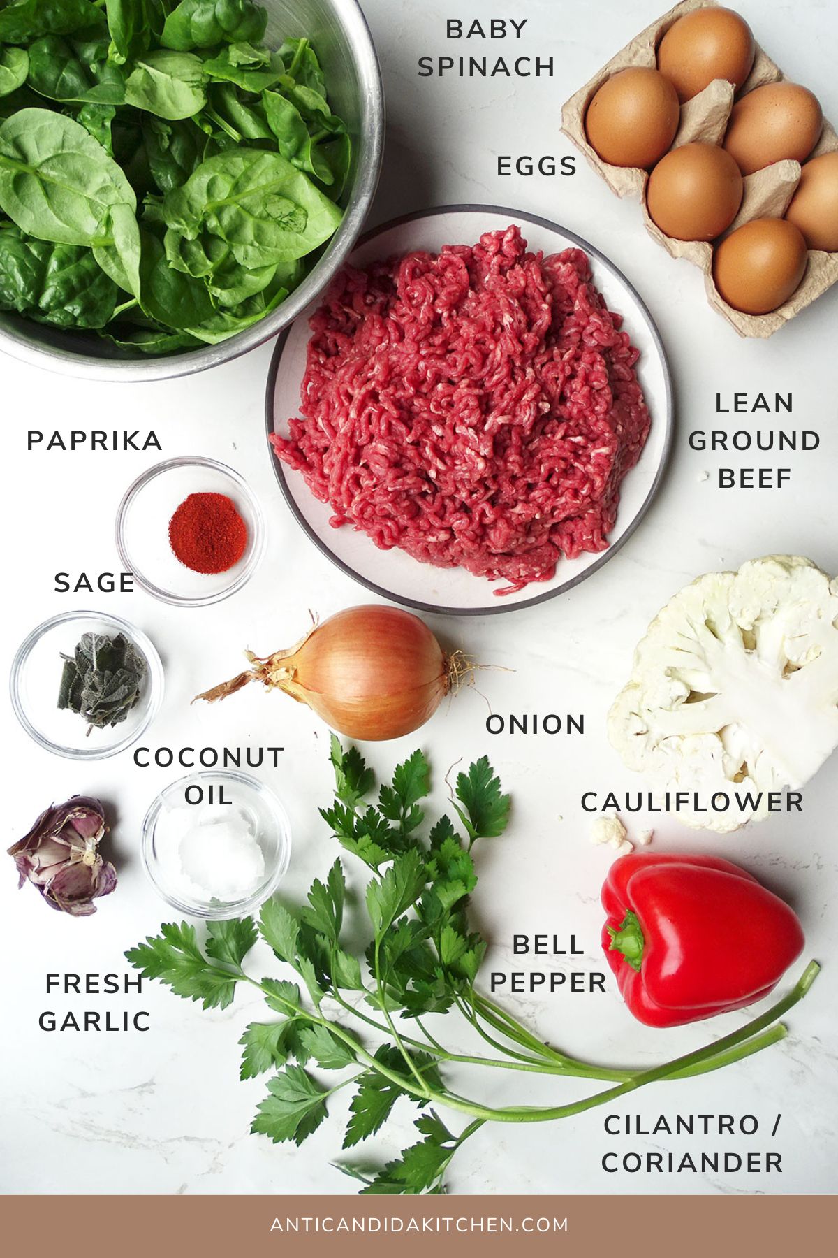 Ingredients required to make high protein breakfast scramble including spinach, eggs, ground beef, cauliflower, onion, bell pepper, cilantro, garlic, sage, paprika.
