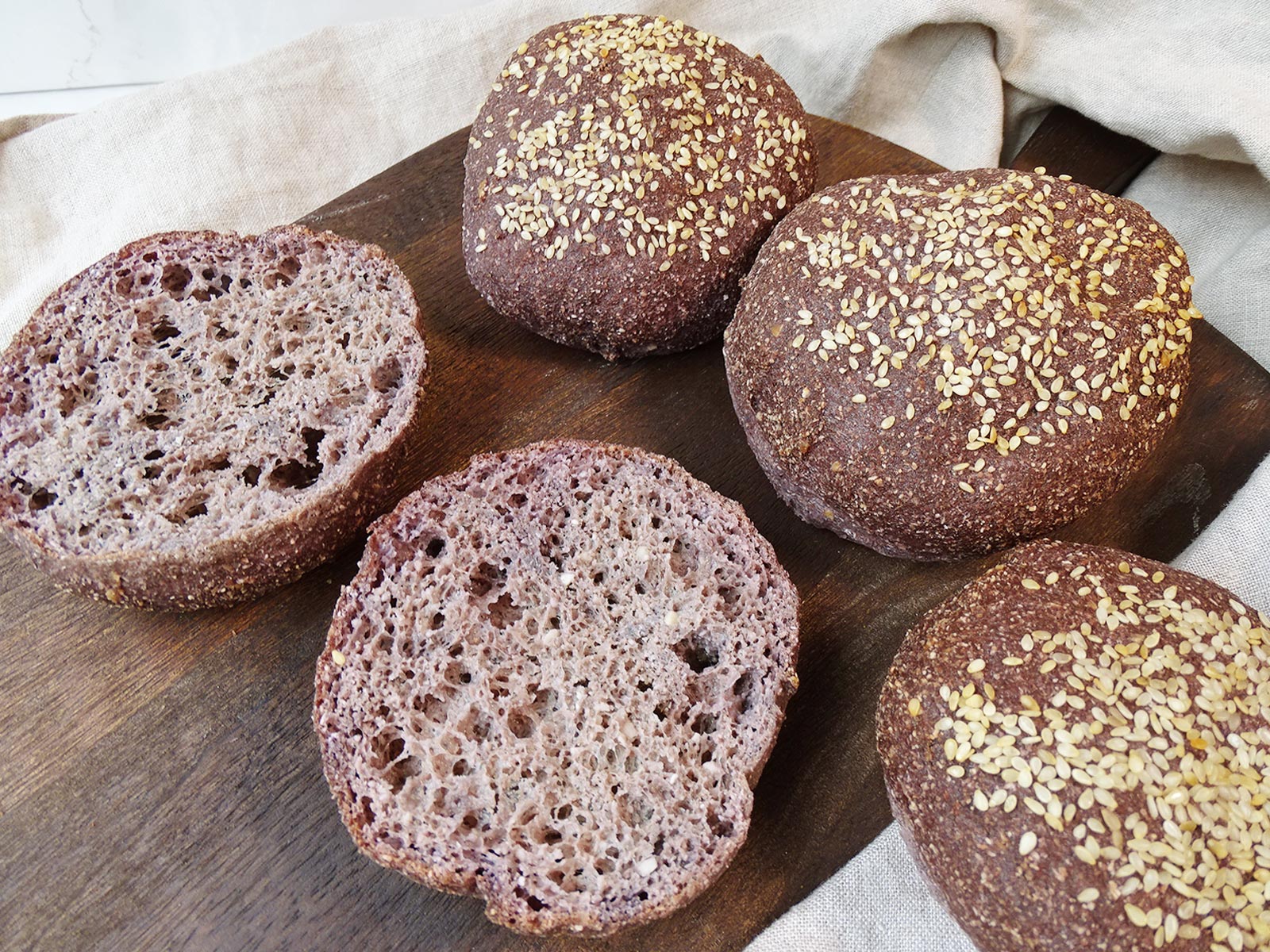 Sliced low carb soft keto burger buns
