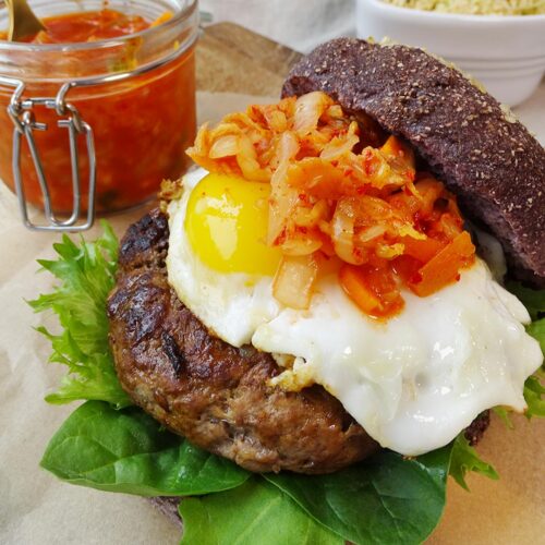 Gluten free kimchi burgers with a fried egg
