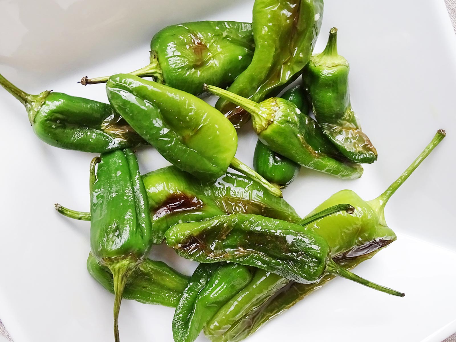 Grilled padron peppers on a white dish
